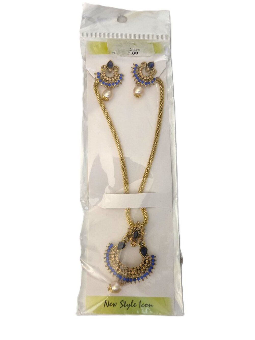 NWT ZNC Gold Tone Blue Pendant Necklace Earrings Jewelry Set India Theme